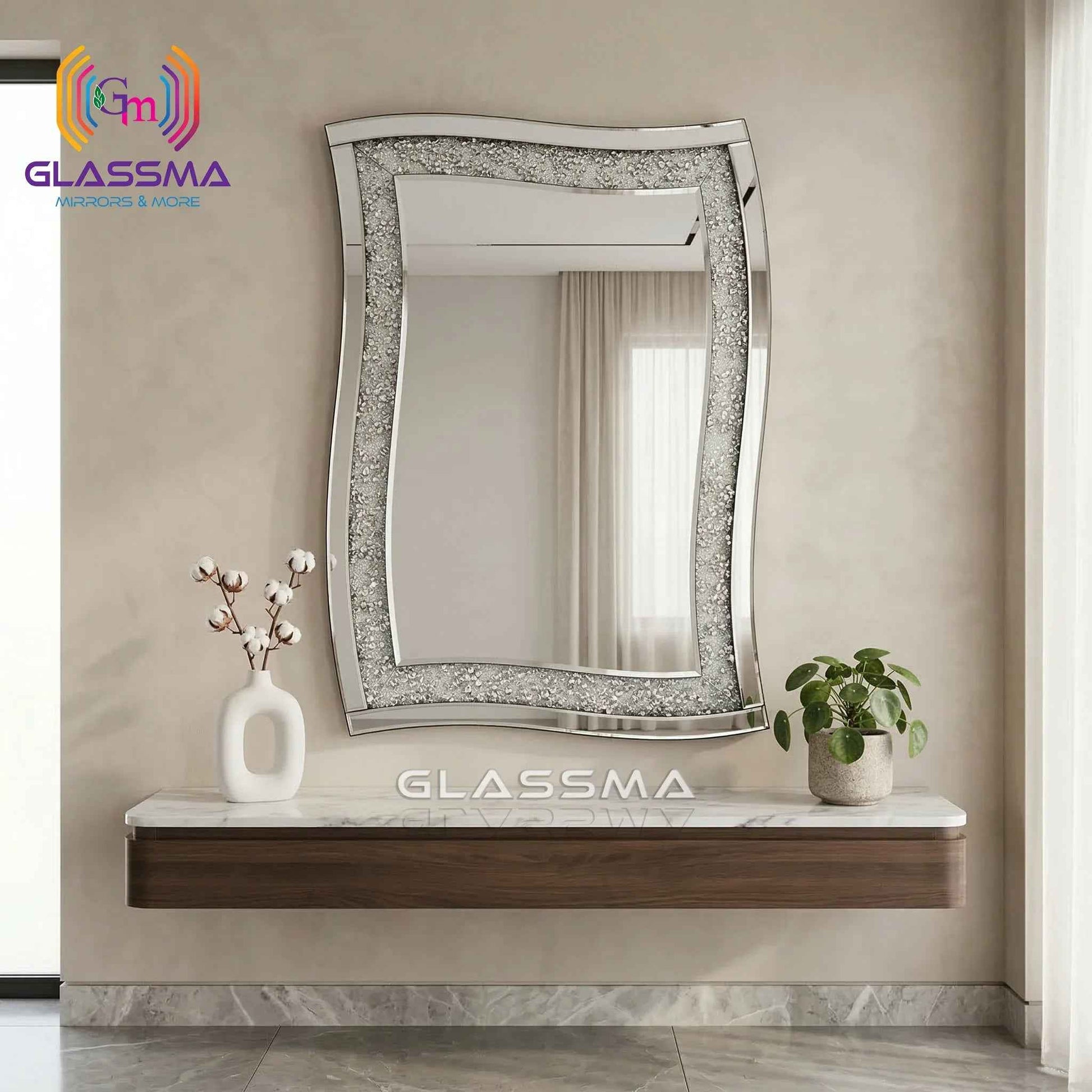 Diamond Decorative Wall Mirror - Luxury Crystal Inlay Designer Mirror - Glassma