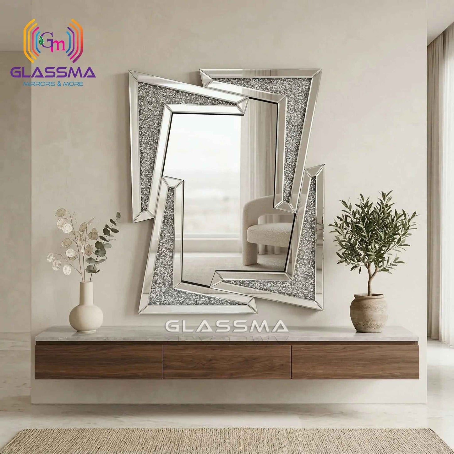 Diamond Designer Wall Mirror - Luxury Crystal Decorative Mirror for Living Room & Bedroom - Glassma