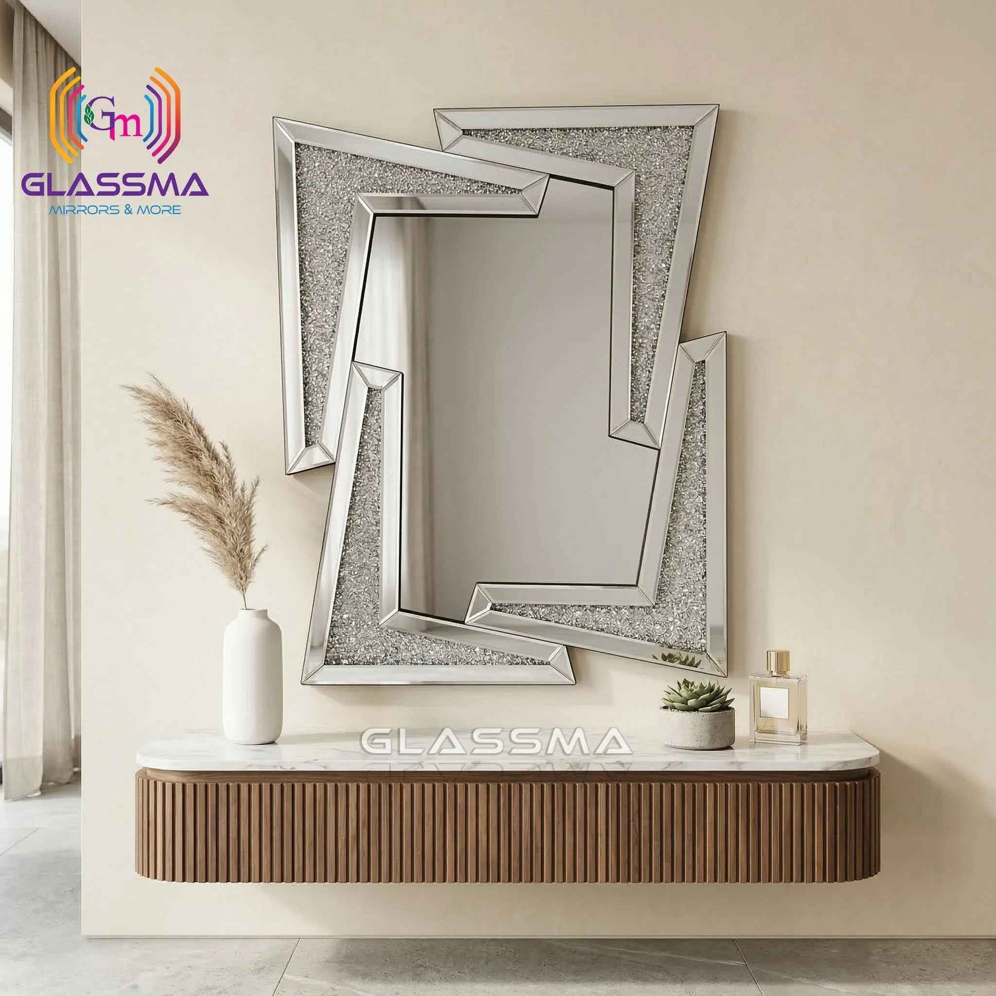 Diamond Designer Wall Mirror - Luxury Crystal Decorative Mirror for Living Room & Bedroom - Glassma