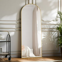 Modern Arch-Top Standing Mirror | Semi-Round Rectangular Golden Aluminum Frame Floor Mirror