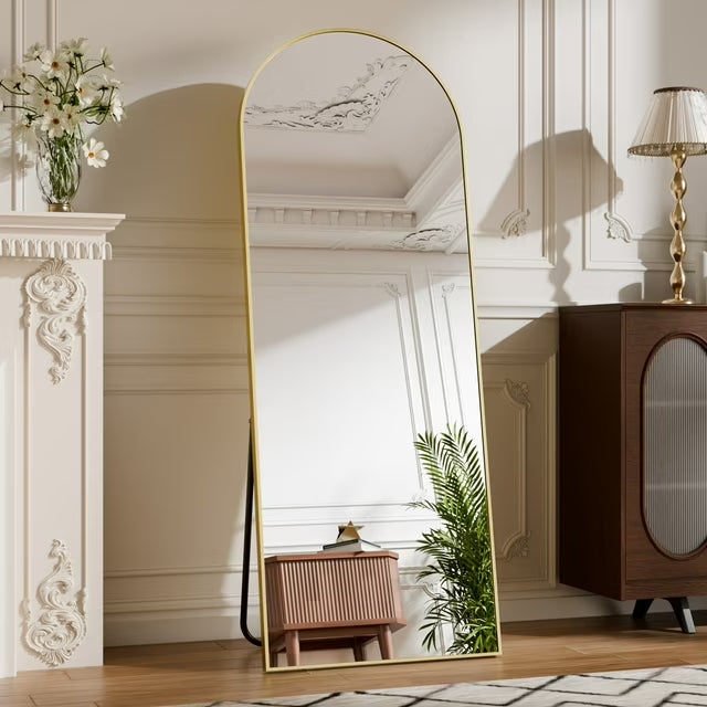 Modern Arch-Top Standing Mirror | Semi-Round Rectangular Golden Aluminum Frame Floor Mirror