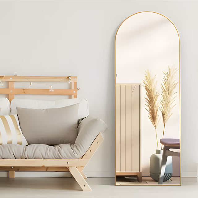 Modern Arch-Top Standing Mirror | Semi-Round Rectangular Golden Aluminum Frame Floor Mirror