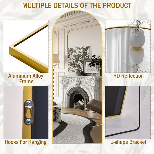 Modern Arch-Top Standing Mirror | Semi-Round Rectangular Golden Aluminum Frame Floor Mirror