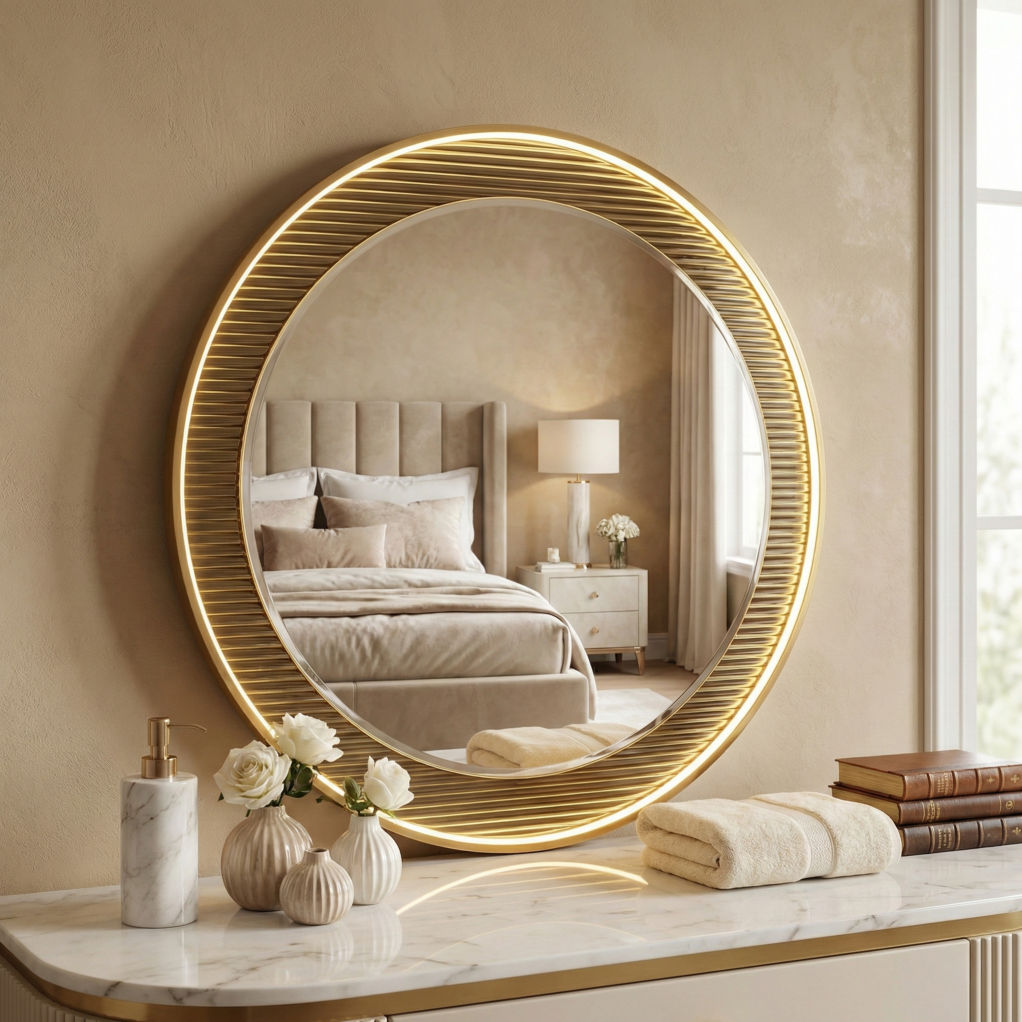 Premium Round LED Wall Mirror - Gold Aluminum Fusion Profile Light Design Glassma