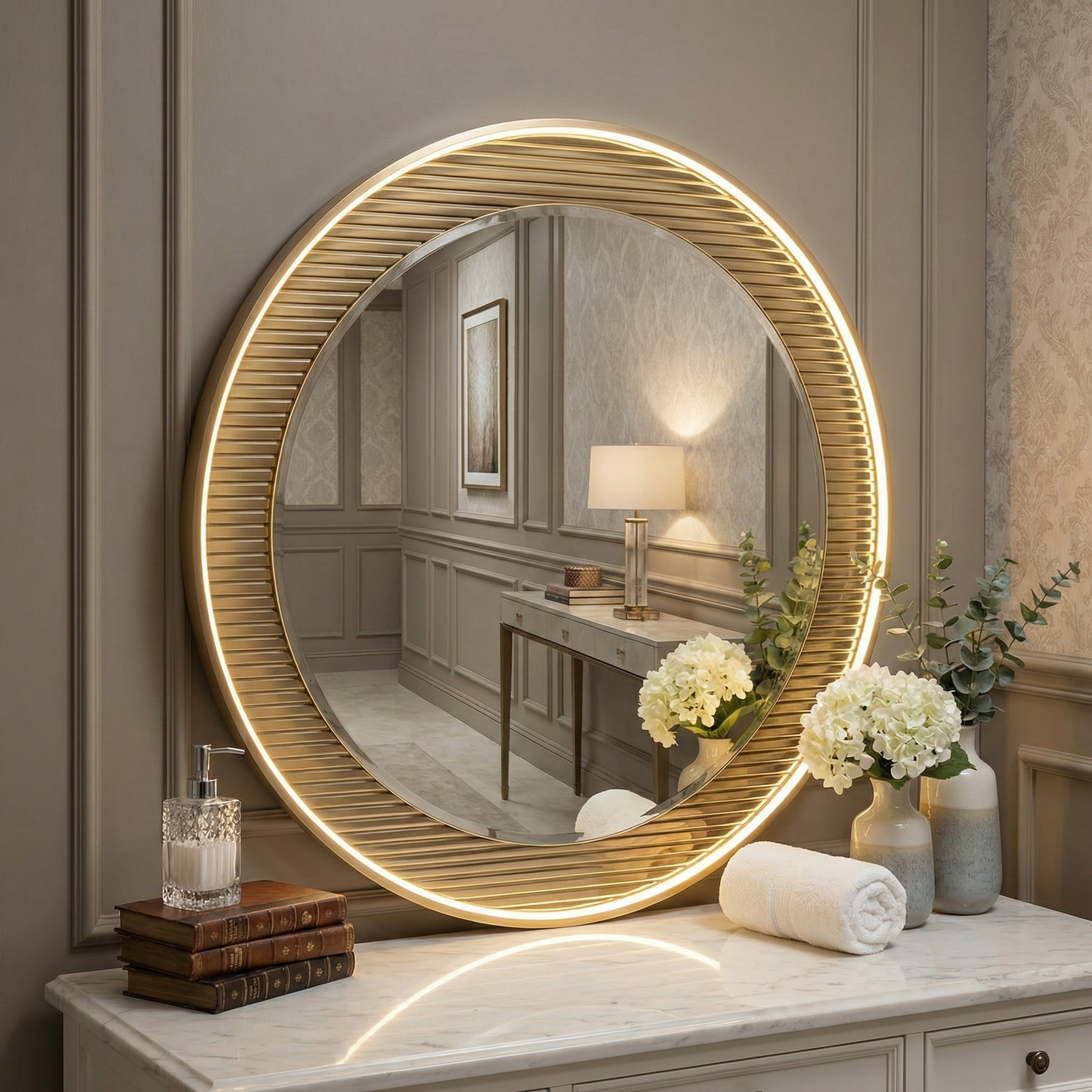Premium Round LED Wall Mirror - Gold Aluminum Fusion Profile Light Design Glassma