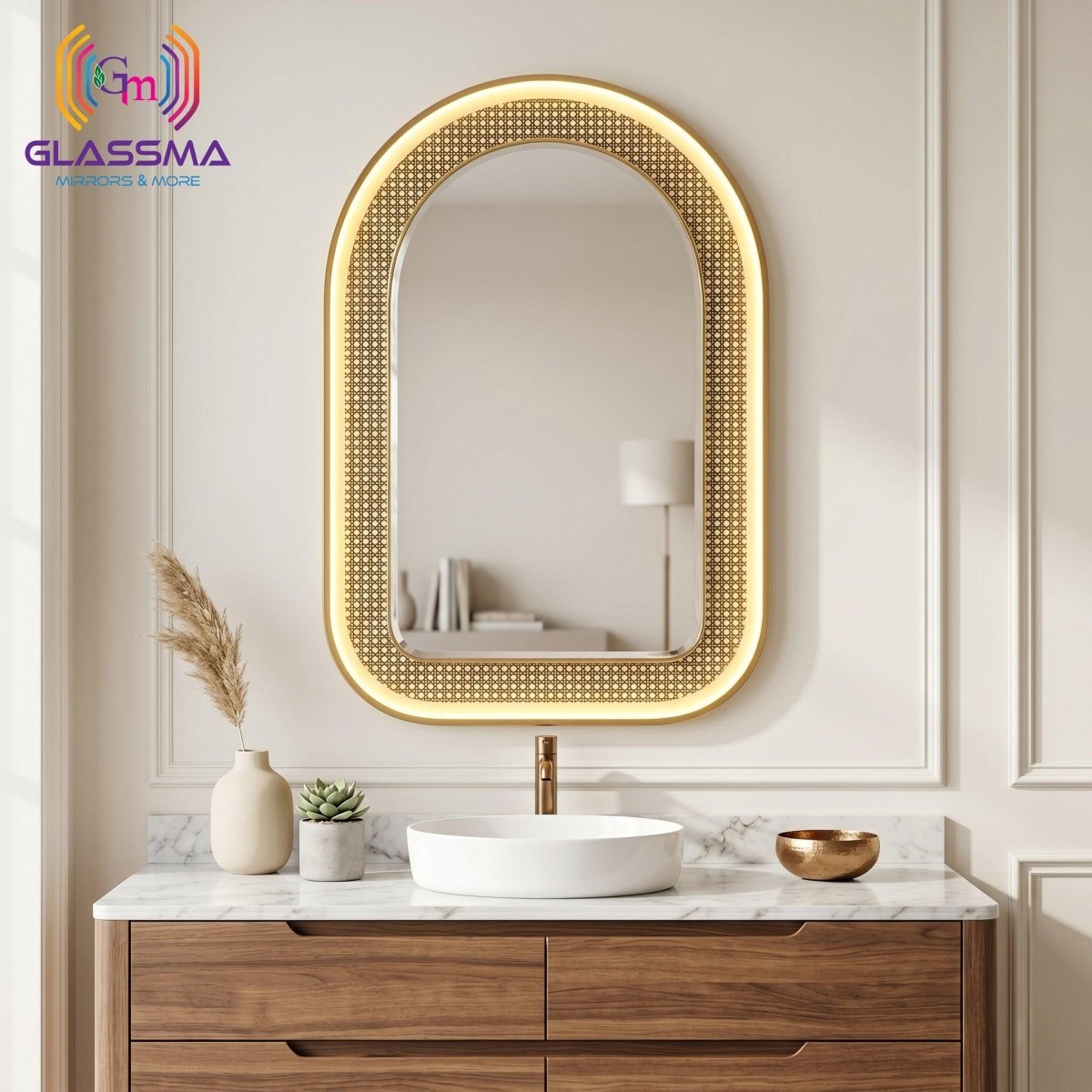 Aluminum Fusion Arch Mirror with Profile light | Premium Arched Designer Wall Mirror with Warm Ambient Glow Glassma