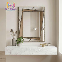 Geometric Carving Wall Mirror - Luxury Decorative Designer Mirror with Gold Texture Frame - Glassma