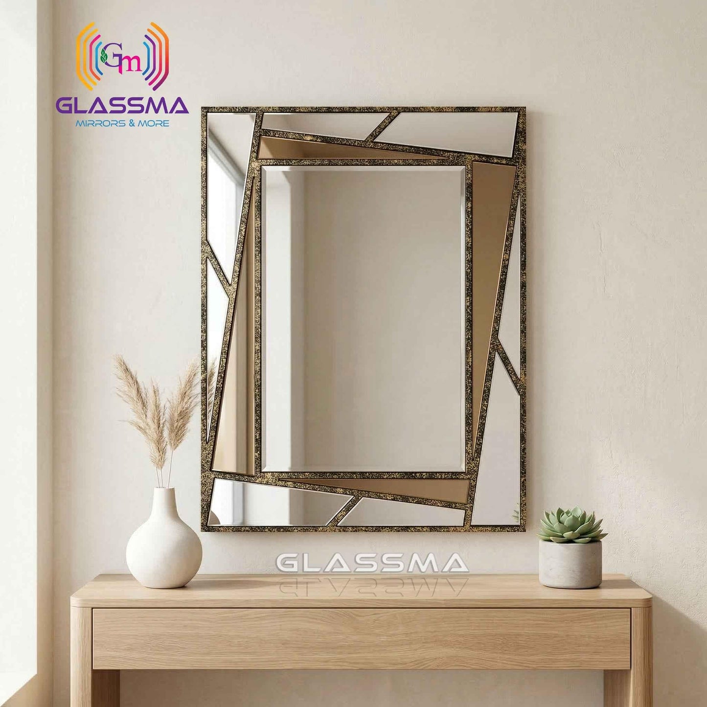 Geometric Carving Wall Mirror - Luxury Decorative Designer Mirror with Gold Texture Frame - Glassma