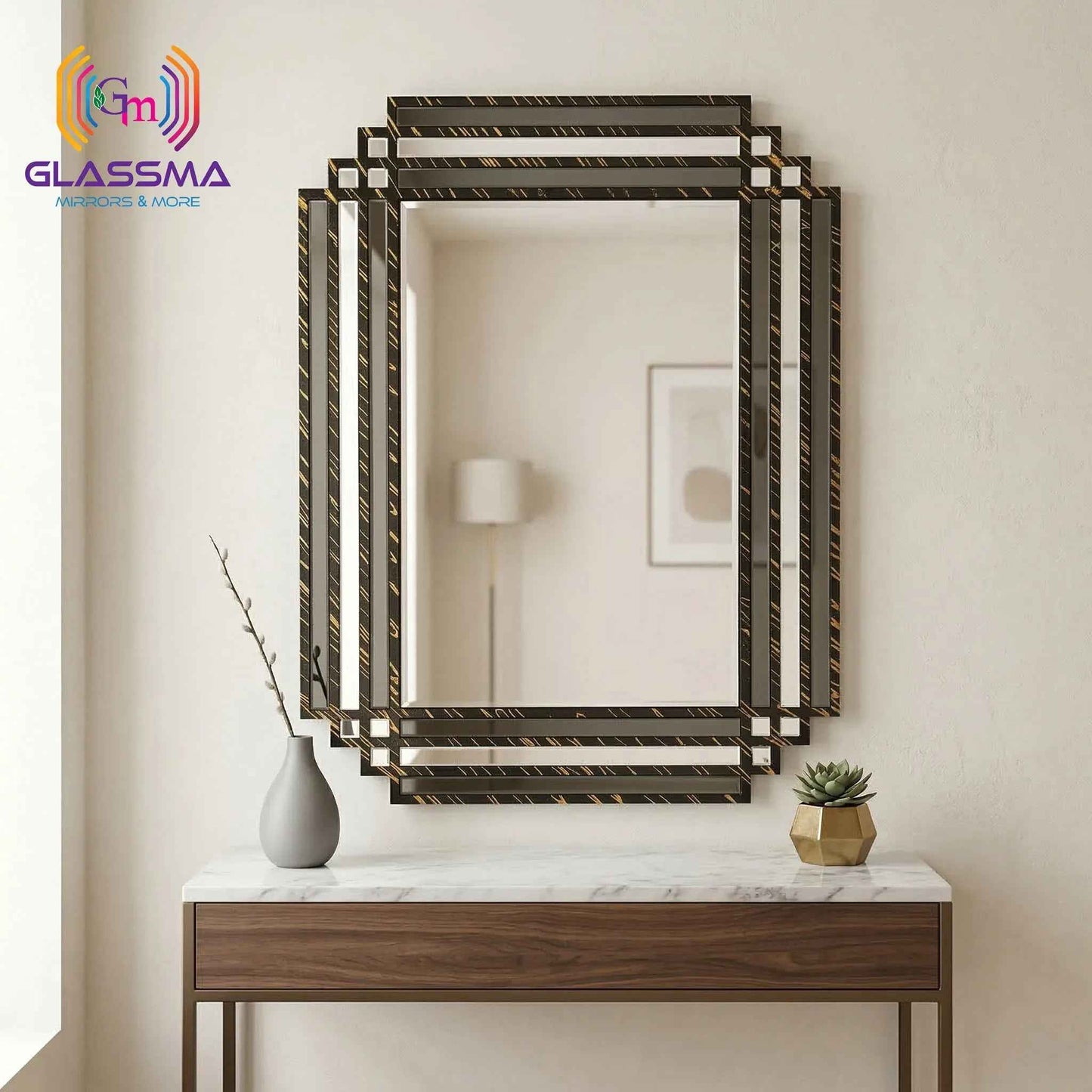 Geometric Decorative Wall Mirror | Black Deco Frame with Gold Texture Designer Mirror