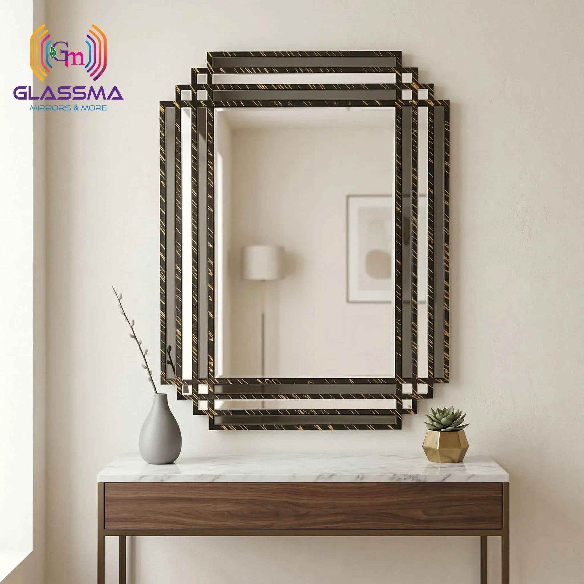 Geometric Decorative Wall Mirror | Black Deco Frame with Gold Texture Designer Mirror