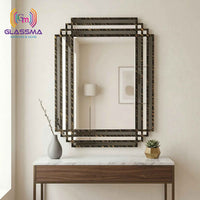 Geometric Decorative Wall Mirror | Black Deco Frame with Gold Texture Designer Mirror