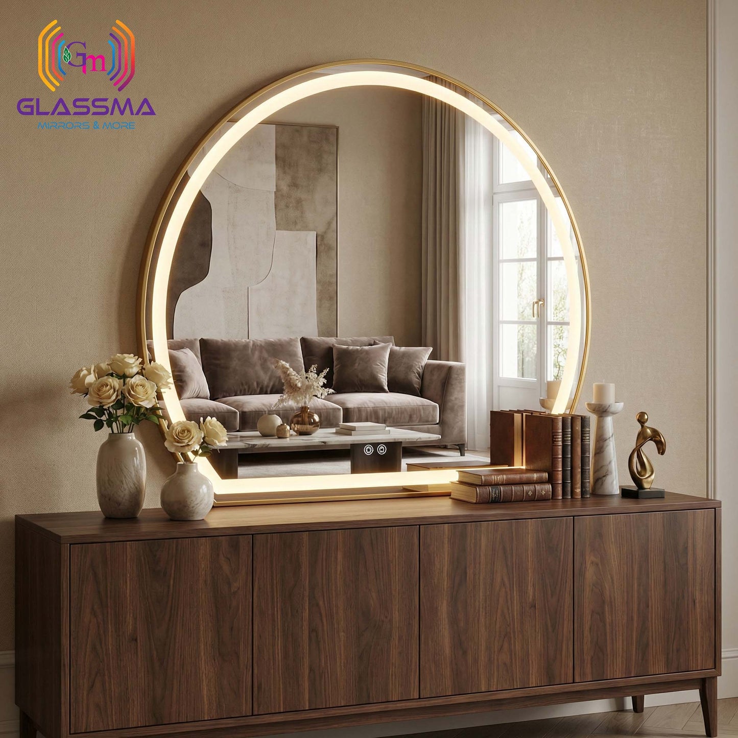 Modern Semi-Circle LED Vanity Mirror - Golden Frame Wall Mirror