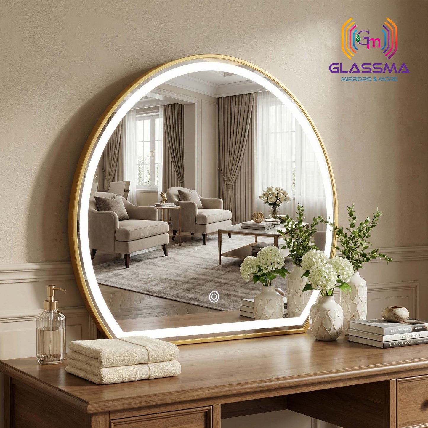 Modern Semi-Circle LED Vanity Mirror - Golden Frame Wall Mirror