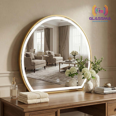 Modern Semi-Circle LED Vanity Mirror - Golden Frame Wall Mirror