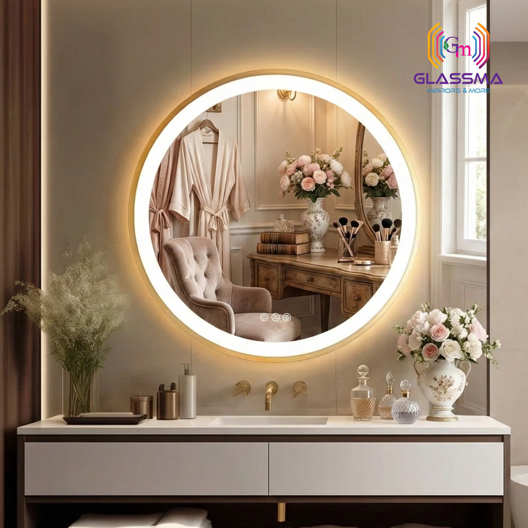 Golden Round LED Bathroom Mirror | Aluminum Frame Front-Lit Vanity Mirror