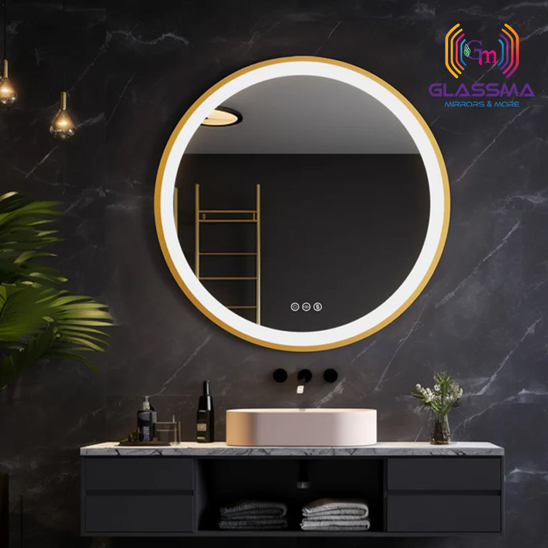 Golden Round LED Bathroom Mirror | Aluminum Frame Front-Lit Vanity Mirror Glassma