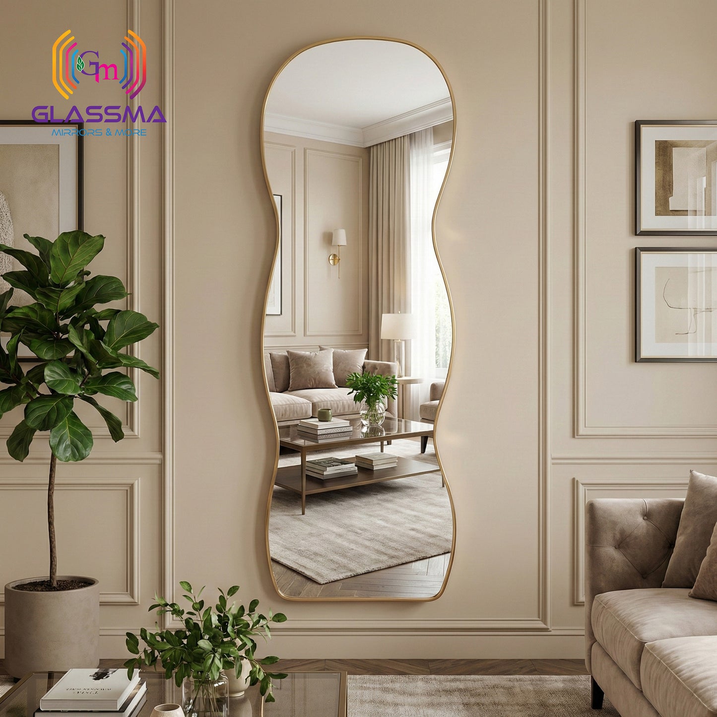 Irregular Aluminum Golden Framed Full-Length Mirror - Modern Designer Plain Wall Mirror