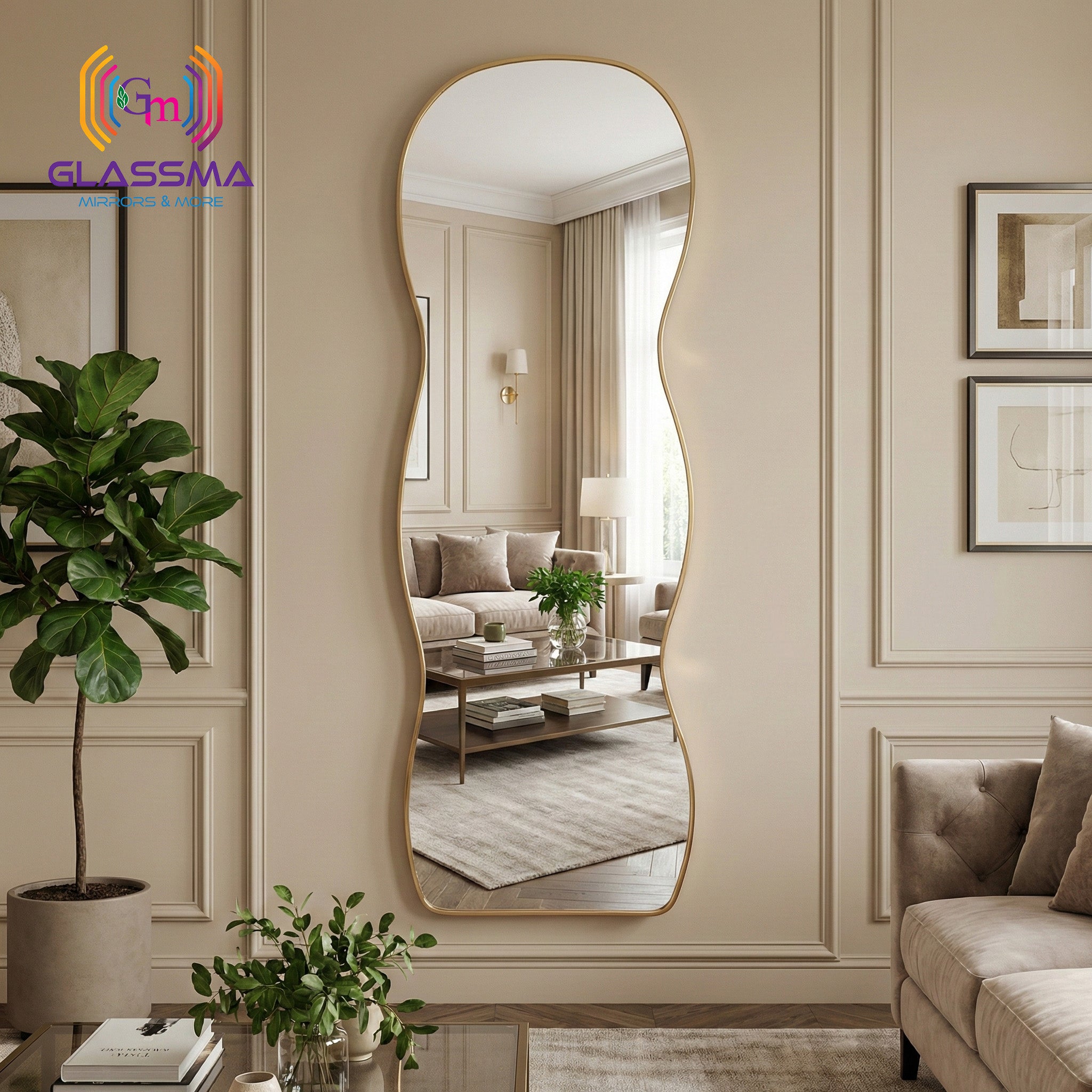 Irregular Aluminum Golden Framed Full-Length Mirror - Modern Designer Plain Wall Mirror