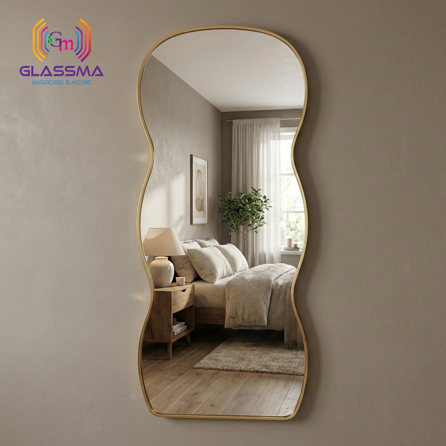 Irregular Aluminum Golden Framed Full-Length Mirror - Modern Designer Plain Wall Mirror