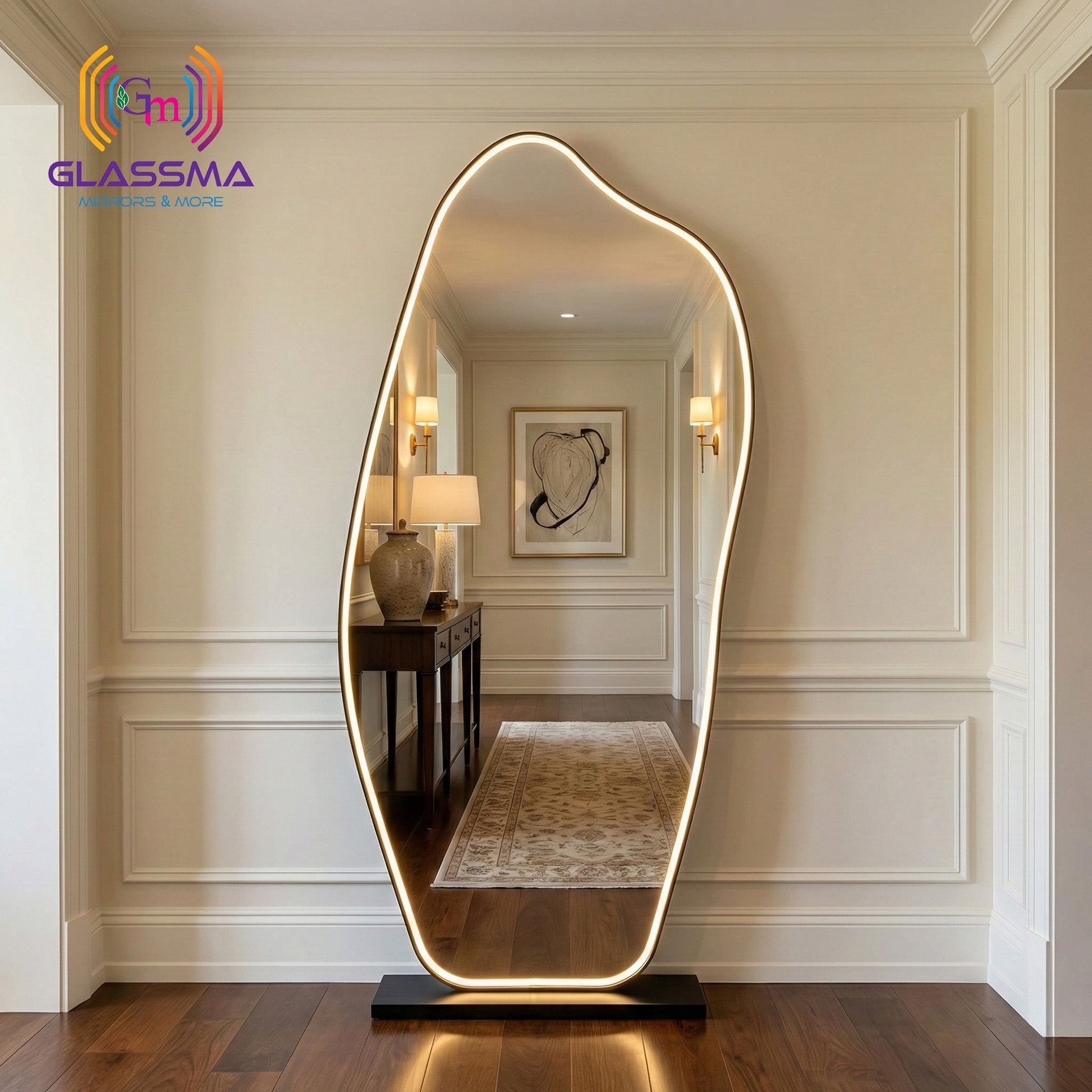 Irregular Full-Length LED Standing Mirror - Golden Aluminum Framed with Heavy Stand Glassma