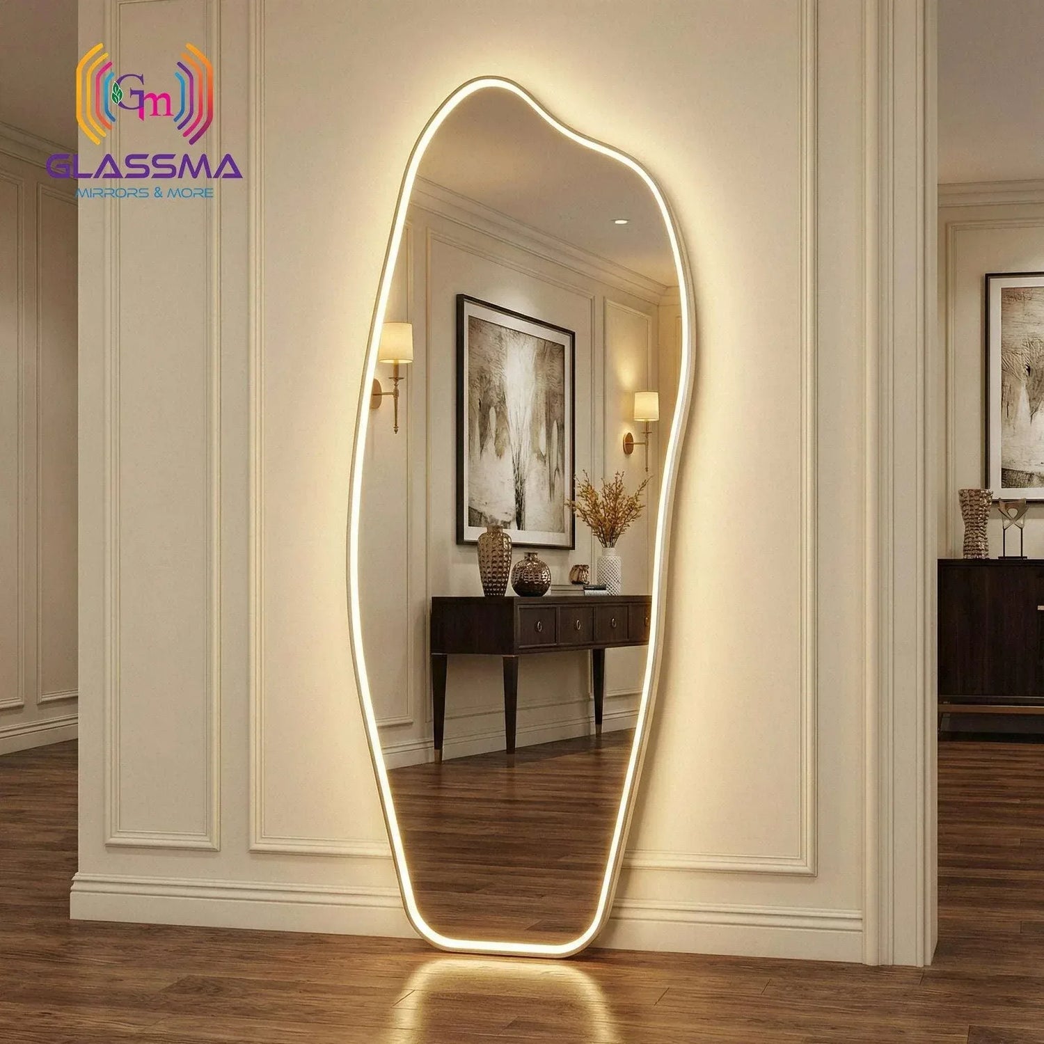 Irregular Full-Length LED Standing Mirror - Golden Aluminum Framed with Heavy Stand - Glassma