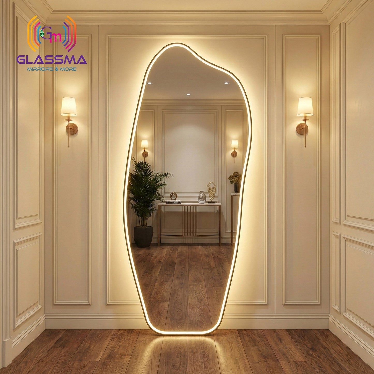 Irregular Full-Length LED Standing Mirror - Golden Aluminum Framed with Heavy Stand Glassma
