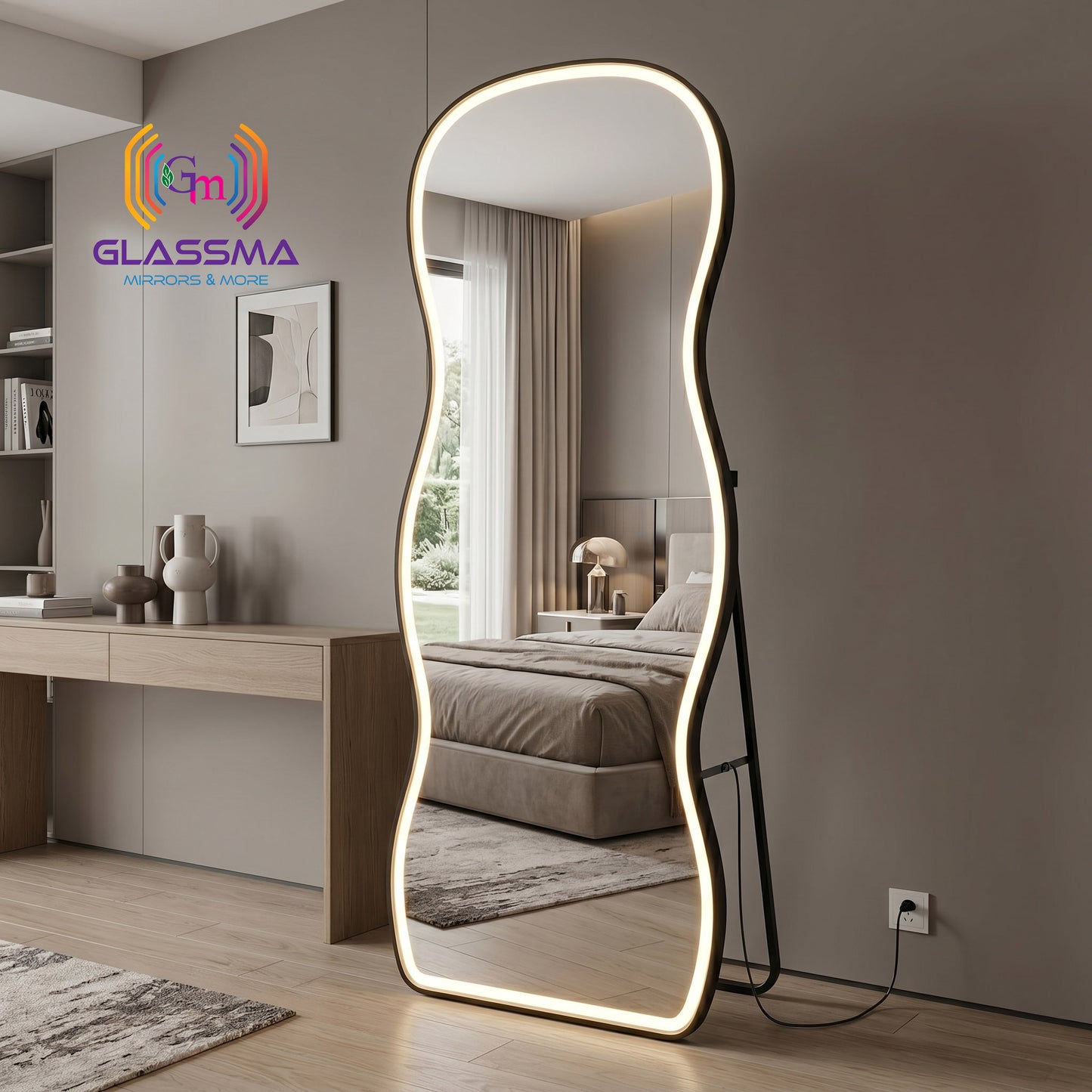 Irregular Aluminum Black Framed Full-Length LED Mirror - Modern Designer Plain Wall Mirror