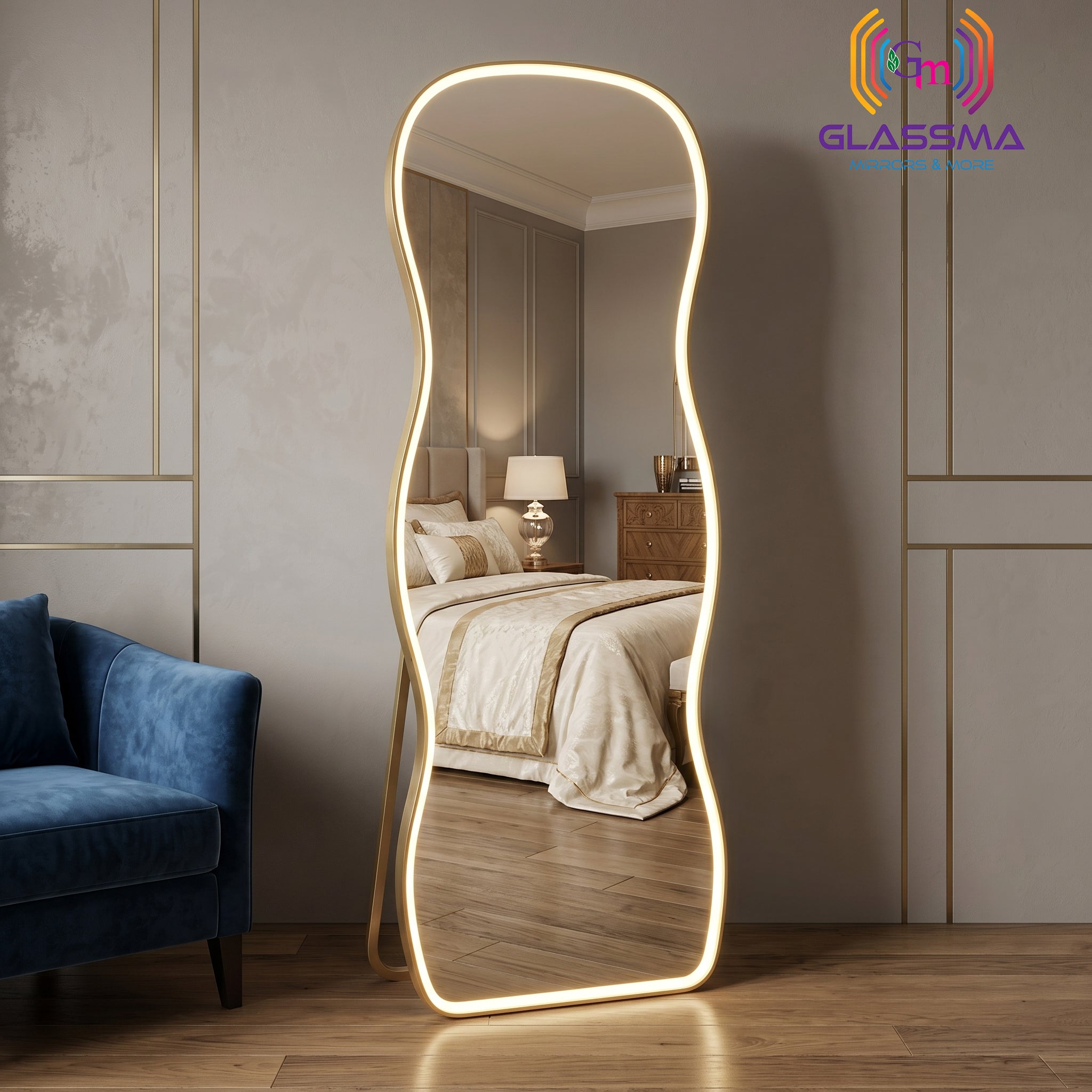 Irregular Aluminum Golden Framed Full-Length LED Mirror - Modern Designer Plain Wall Mirror