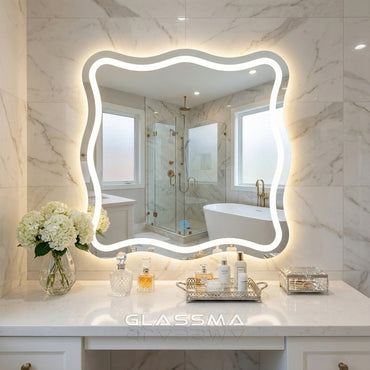 Irregular Wavy LED Wall Mirror - Modern Backlit Decorative Mirror with Touch Control Glassma