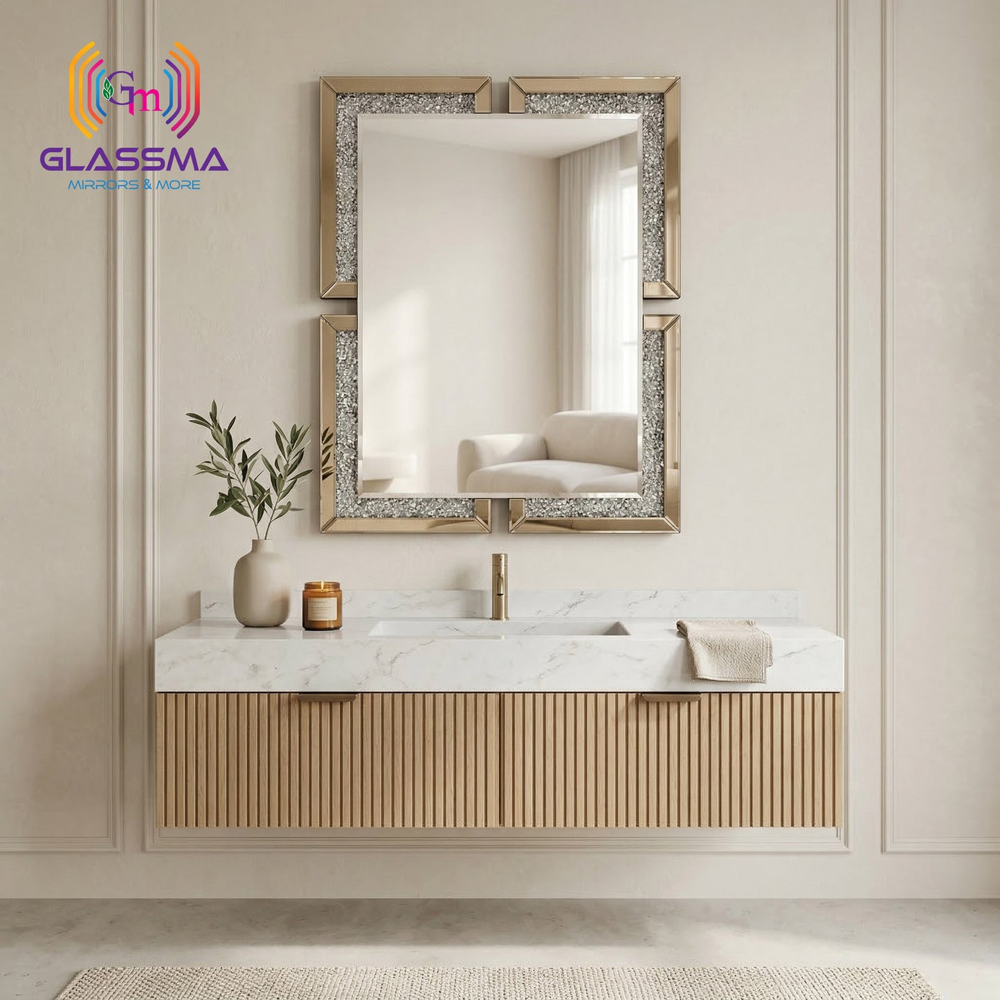 Luxury Diamond Wall Mirror | Crystal Decorative Gold Frame Wall Mirror