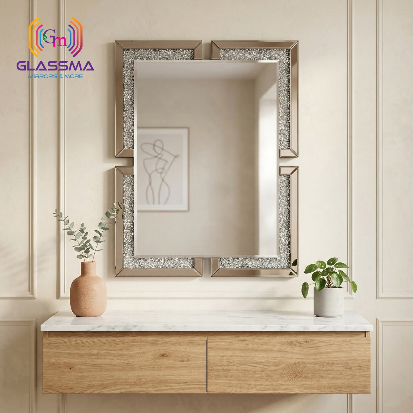 Luxury Diamond Wall Mirror | Crystal Decorative Gold Frame Wall Mirror