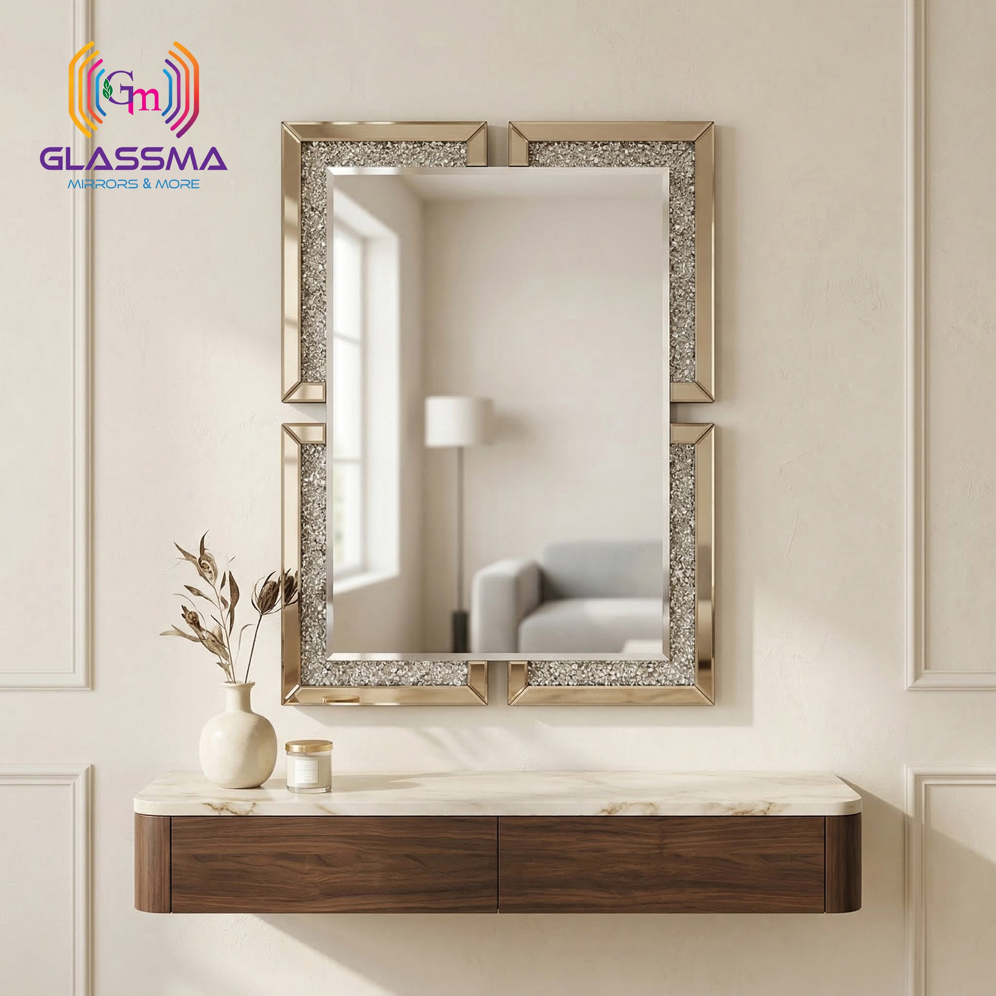 Luxury Diamond Wall Mirror | Crystal Decorative Gold Frame Wall Mirror