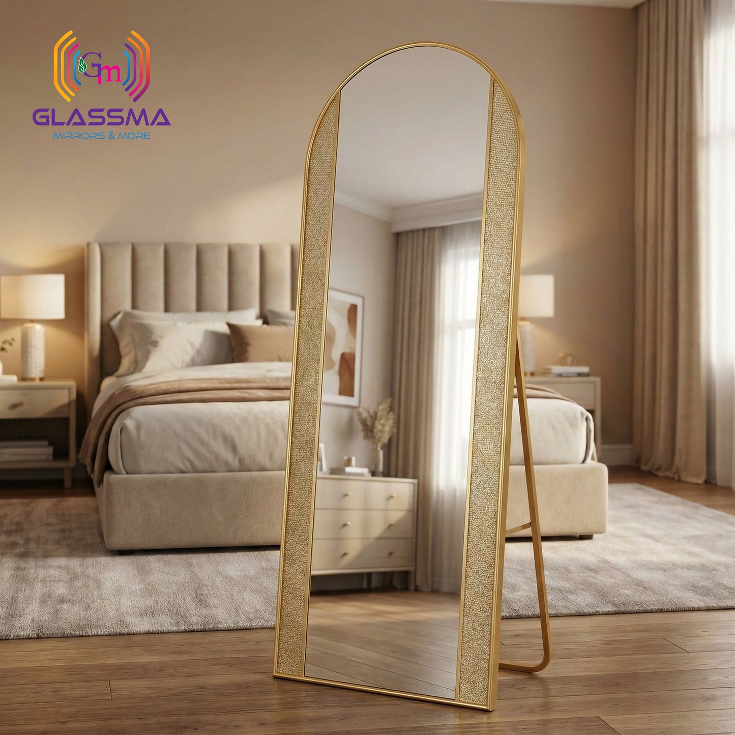 Luxury Full-Length LED Standing Mirror - Gold Aluminum Fusion Profile Light Design