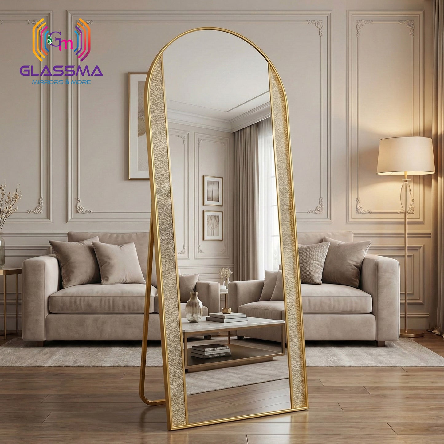 Luxury Full-Length LED Standing Mirror - Gold Aluminum Fusion Profile Light Design
