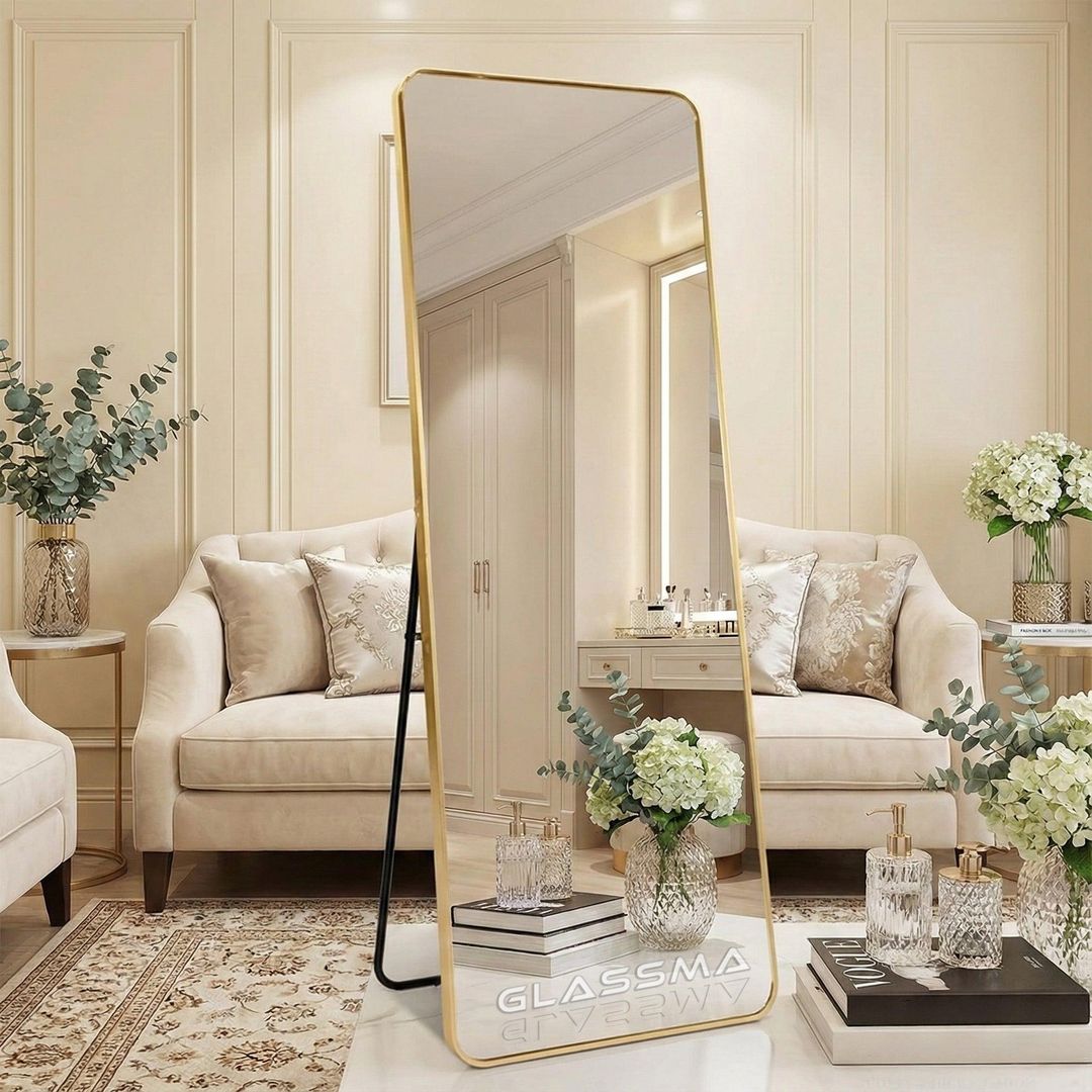 Full Length Standing Mirror, Gold Aluminum Frame Floor Mirror for Bedroom & Dressing Area