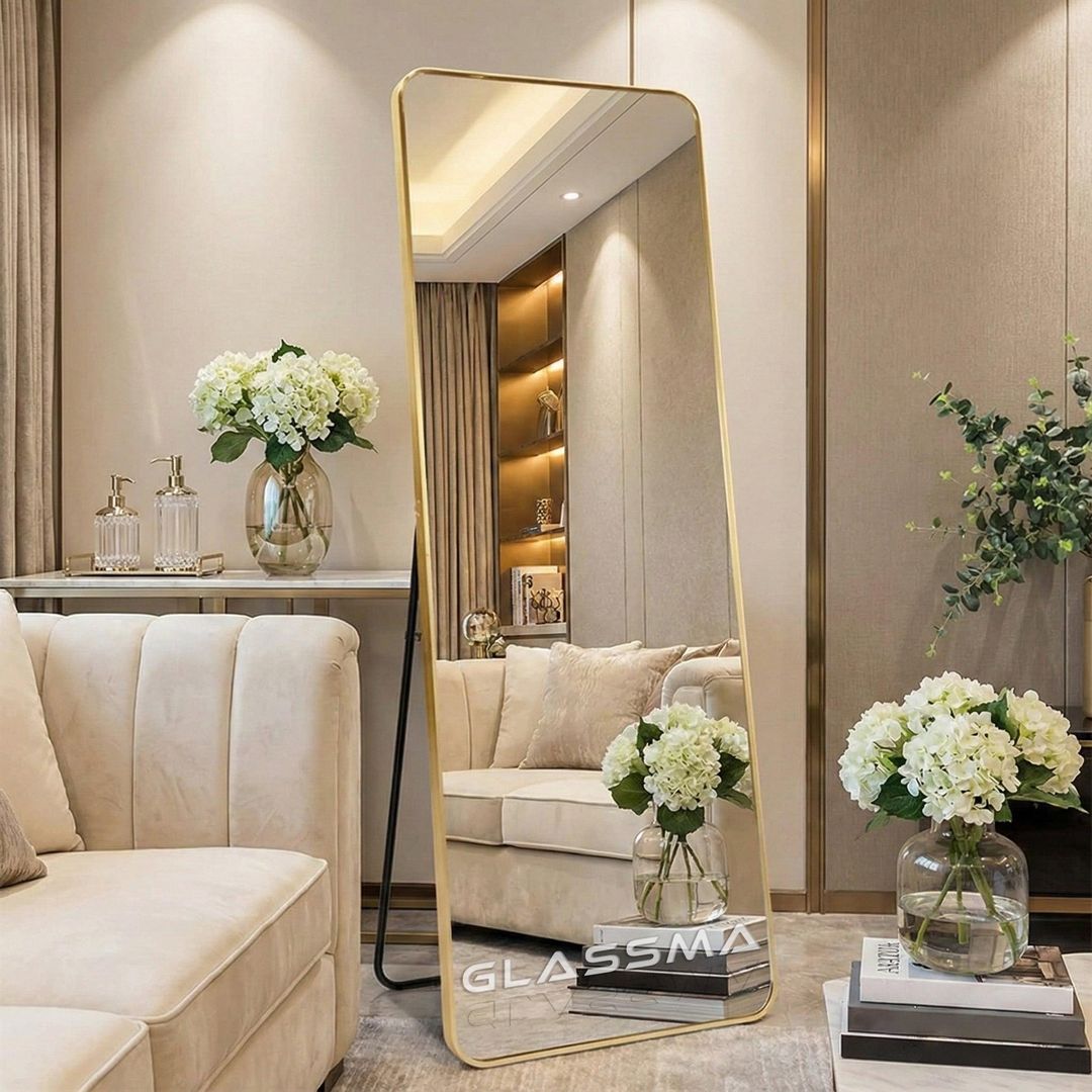 Full Length Standing Mirror, Gold Aluminum Frame Floor Mirror for Bedroom & Dressing Area