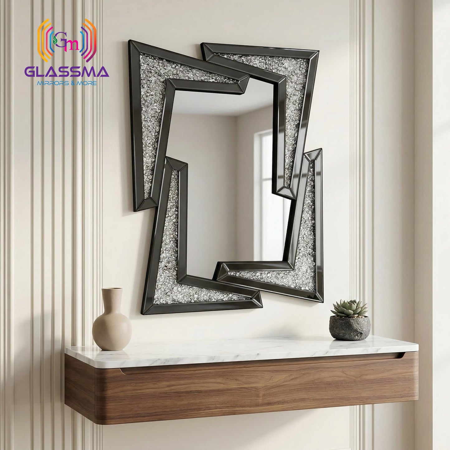 Luxury Crystal Decorative Diamond Wall Mirror, Black Frame Designer Mirror