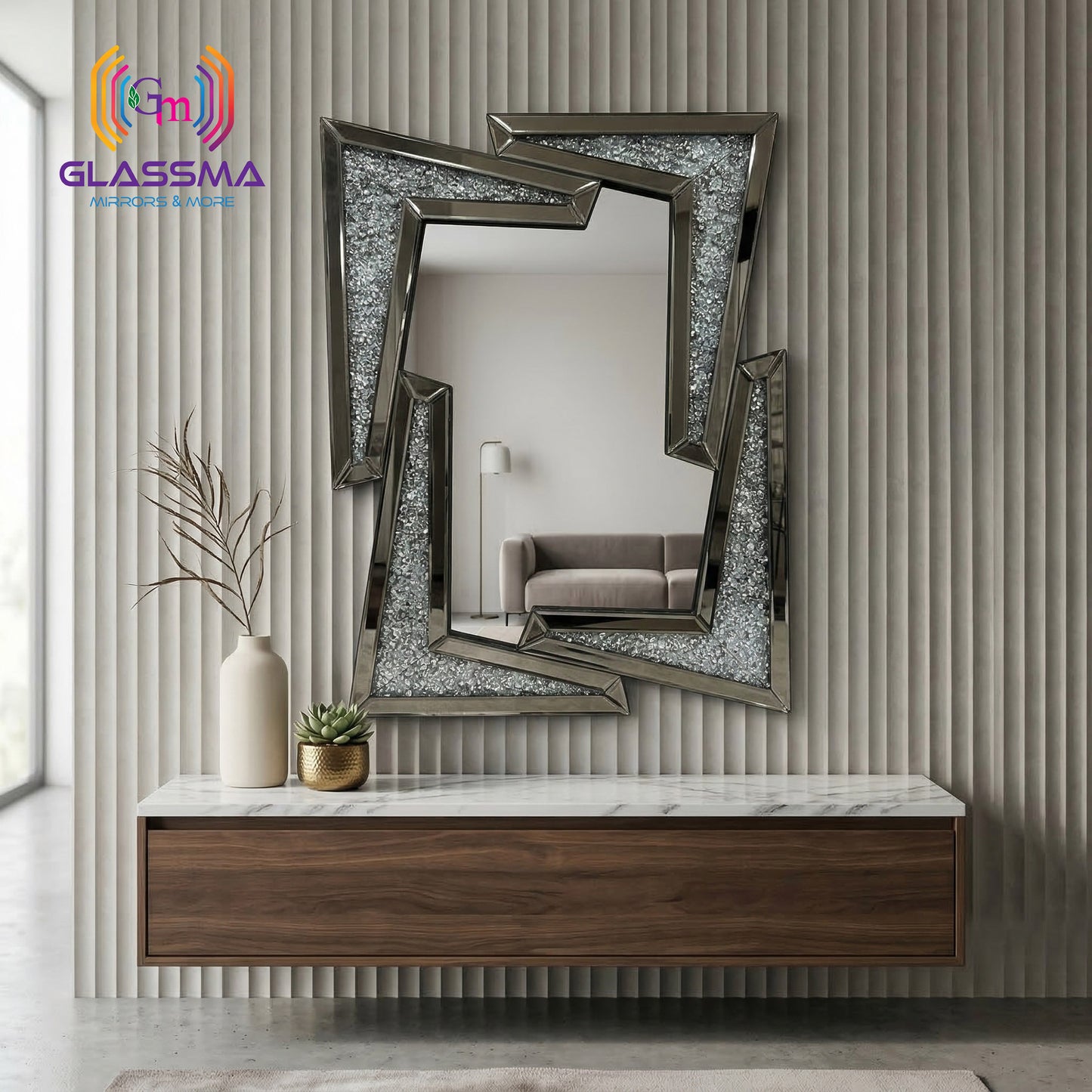 Luxury Crystal Decorative Diamond Wall Mirror, Black Frame Designer Mirror