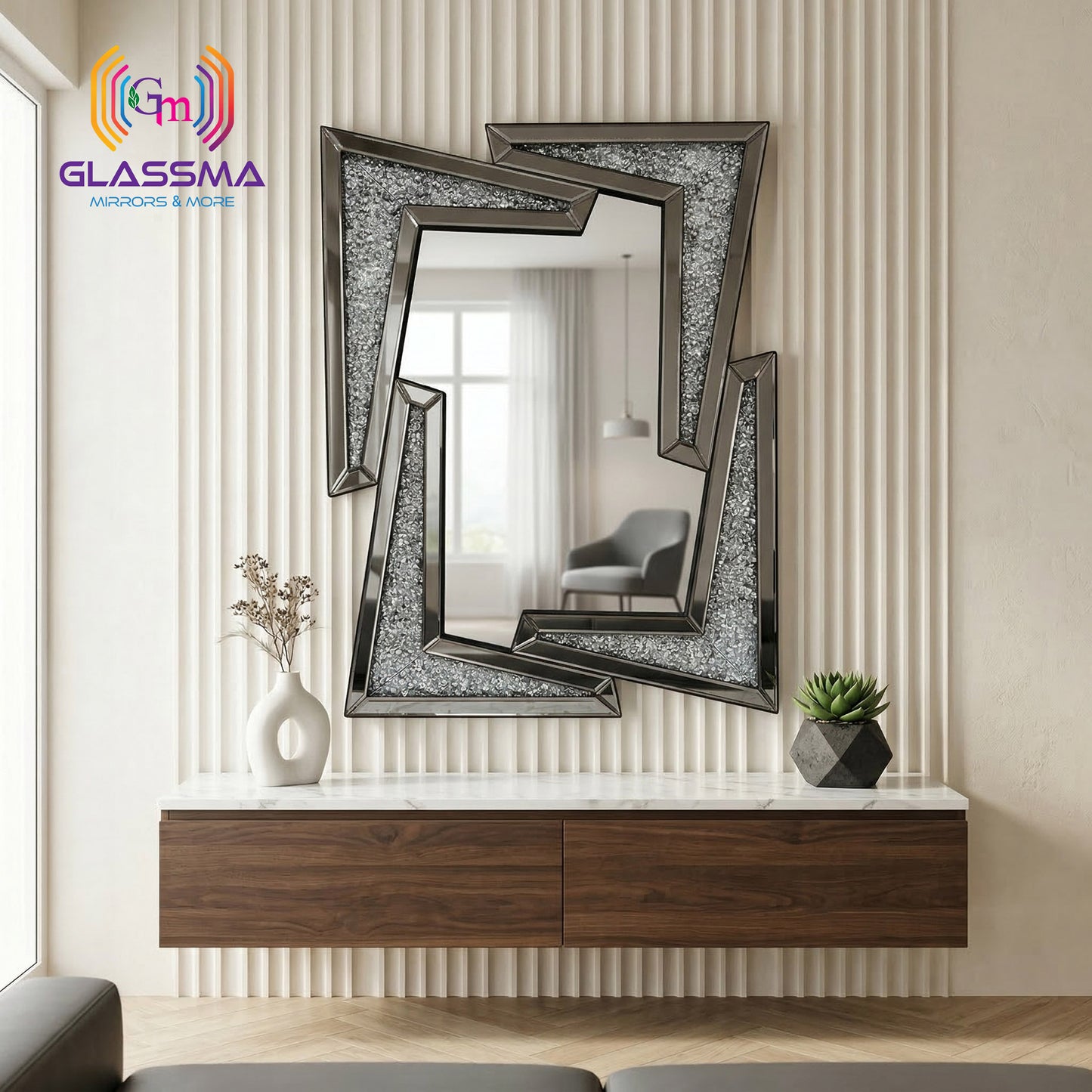 Luxury Crystal Decorative Diamond Wall Mirror, Black Frame Designer Mirror