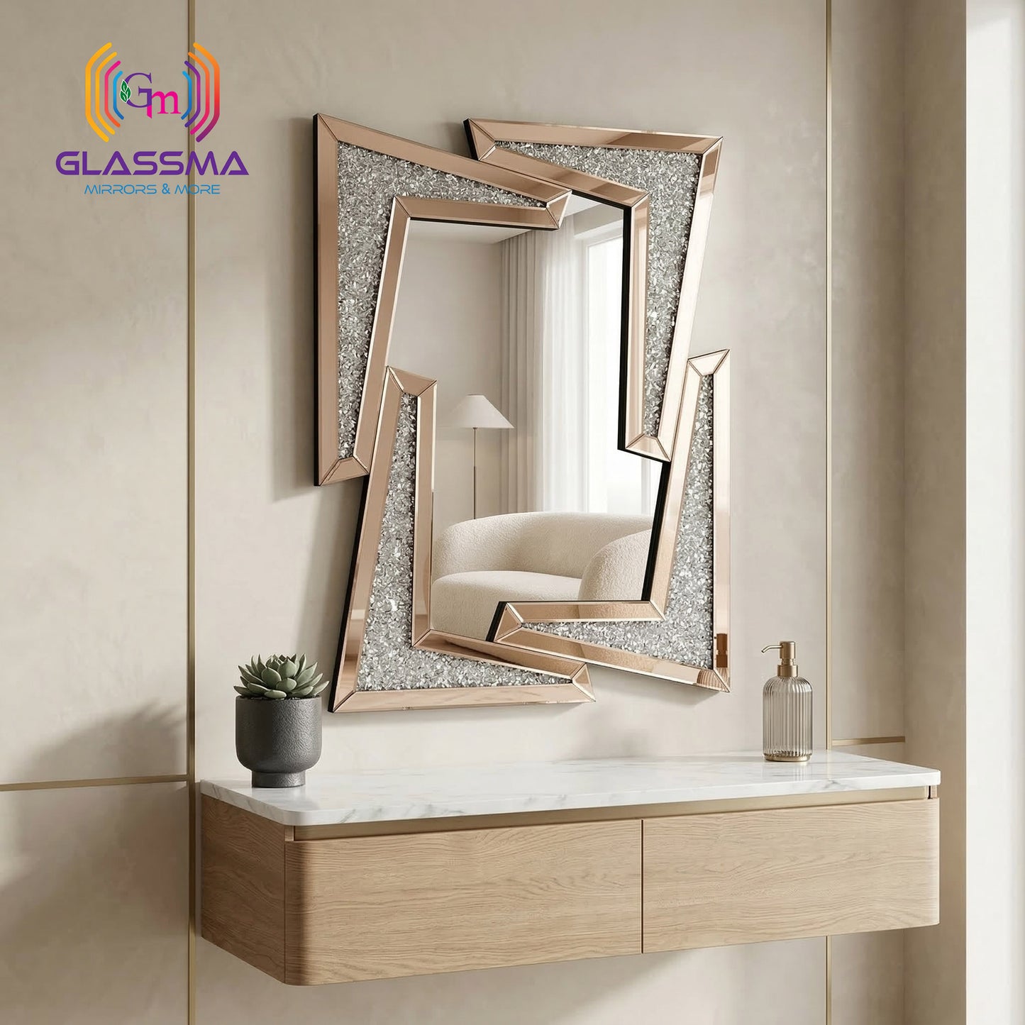 Luxury Crystal Decorative Diamond Wall Mirror, Rose Gold Frame Designer Mirror