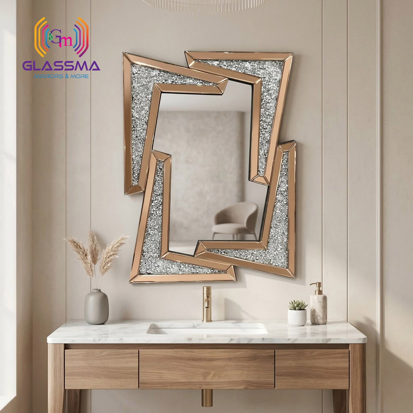 Luxury Crystal Decorative Diamond Wall Mirror, Rose Gold Frame Designer Mirror