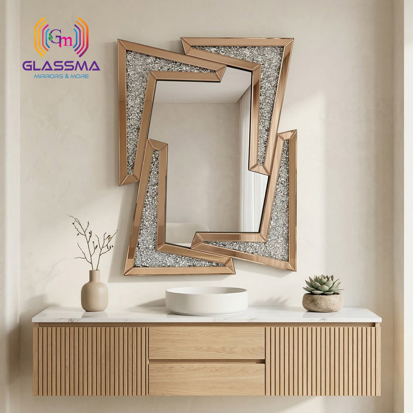 Luxury Crystal Decorative Diamond Wall Mirror, Rose Gold Frame Designer Mirror