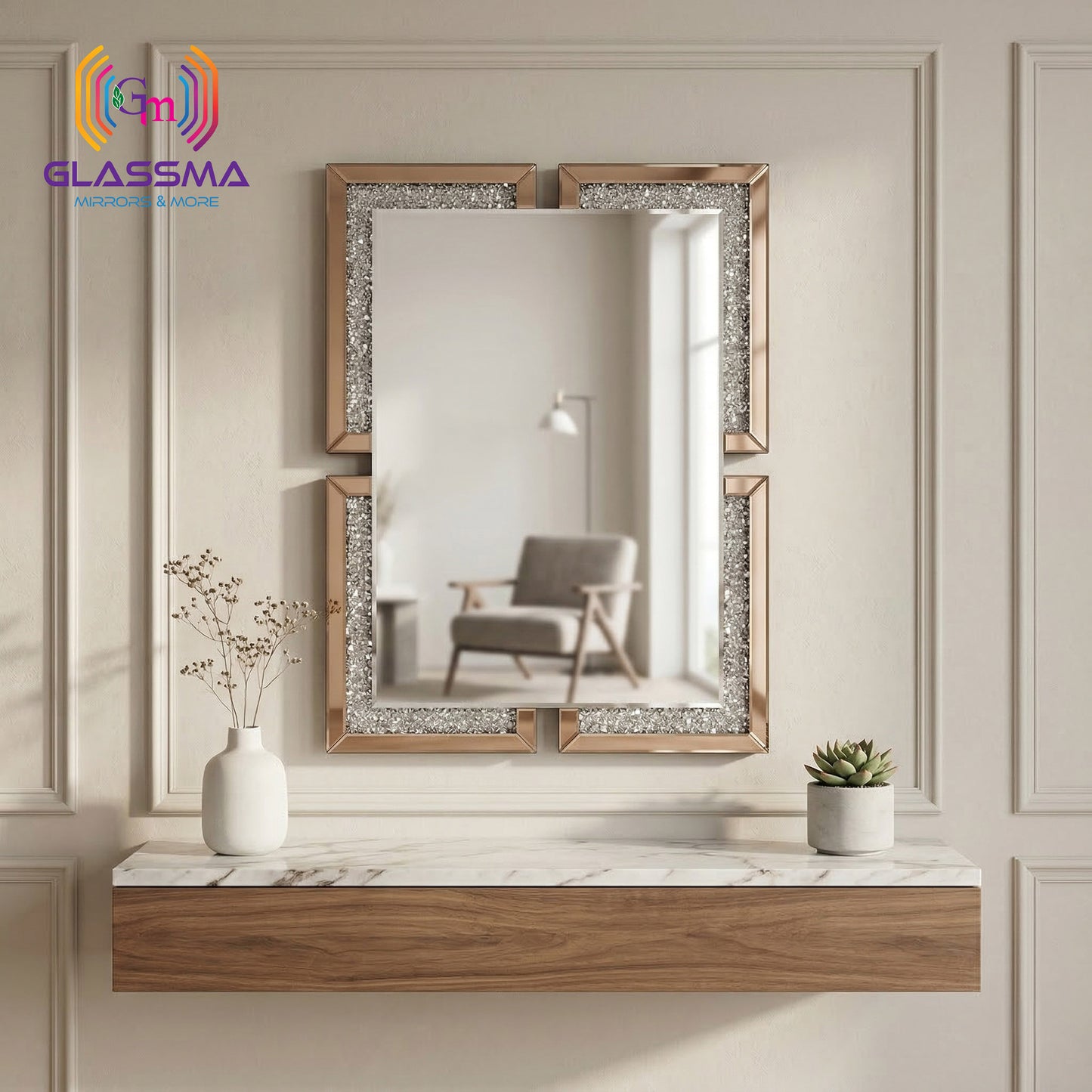 Luxury Diamond Wall Mirror  Crystal Decorative Rose Gold Frame Wall Mirror