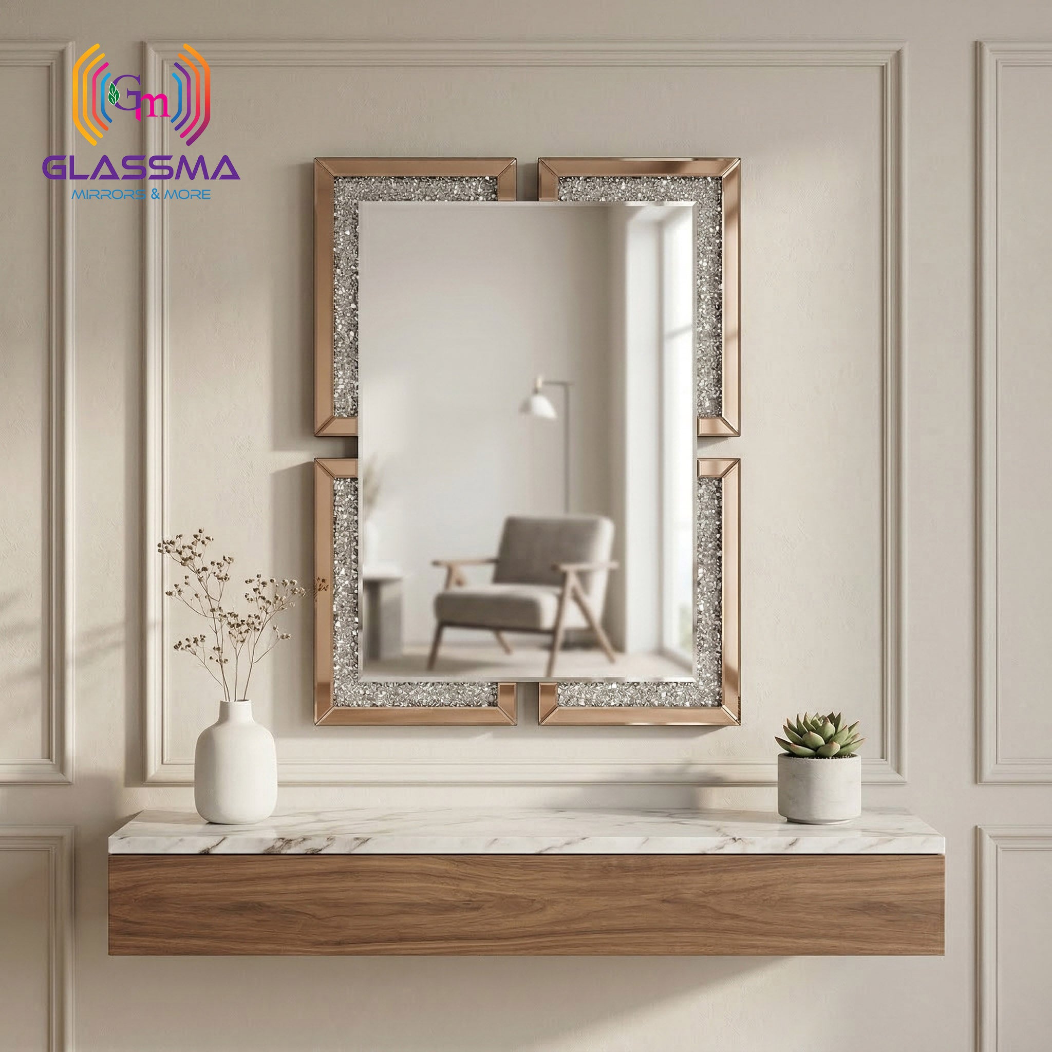 Luxury Diamond Wall Mirror  Crystal Decorative Rose Gold Frame Wall Mirror