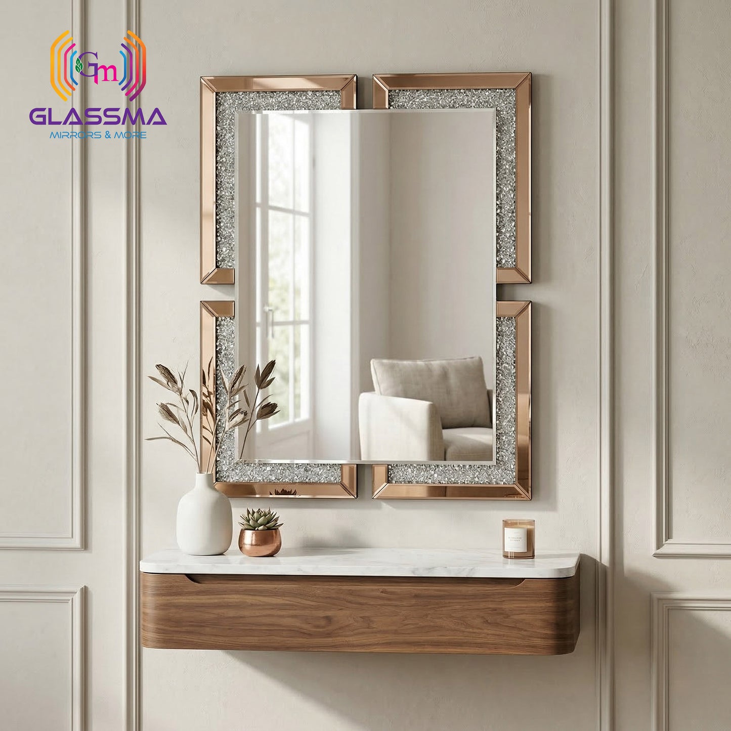 Luxury Diamond Wall Mirror  Crystal Decorative Rose Gold Frame Wall Mirror