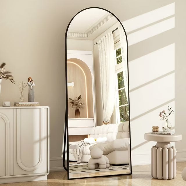Modern Arch-Top Standing Mirror | Semi-Round Rectangular Black Aluminum Frame Floor Mirror