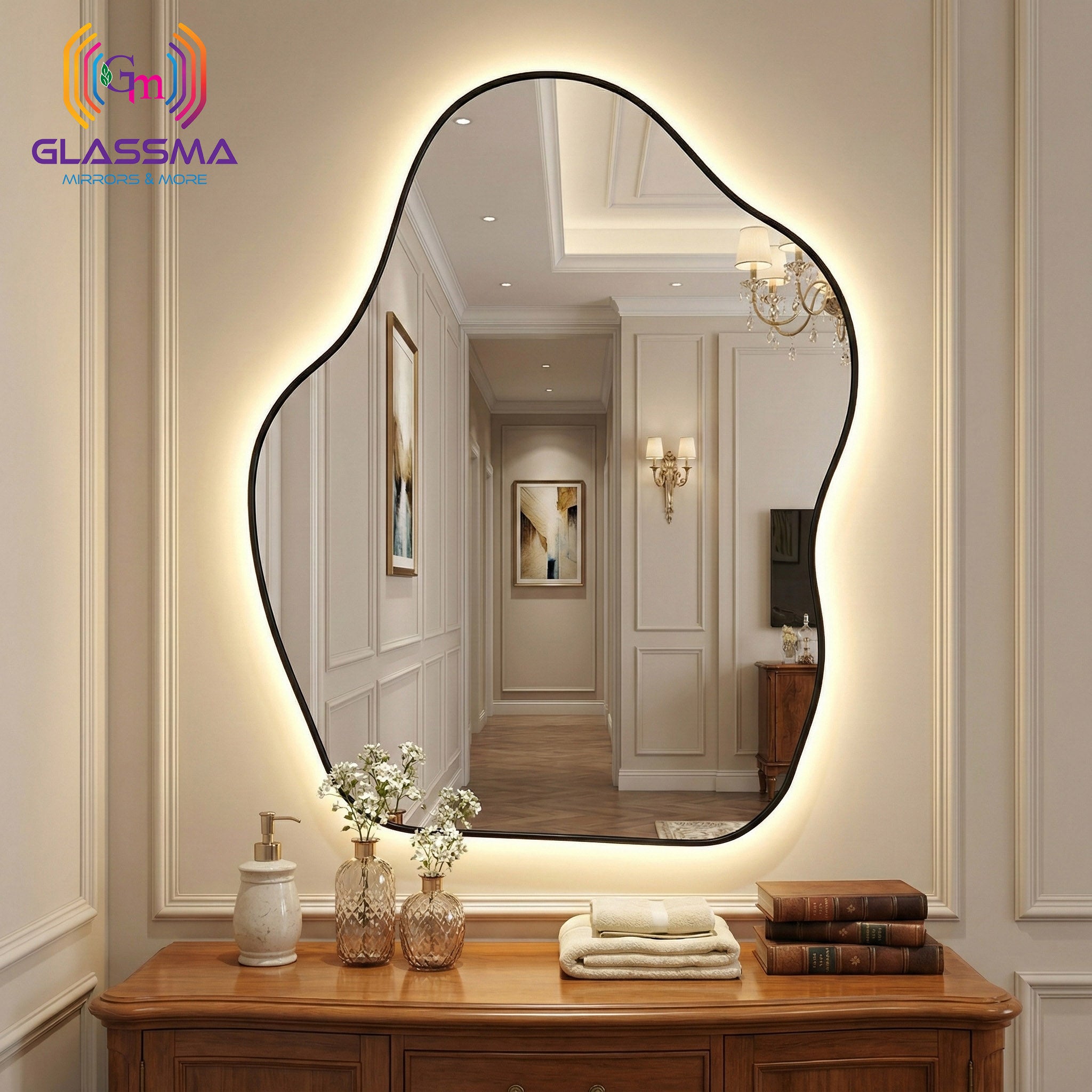 Modern Irregular LED Mirror | Backlit Black Aluminum Frame Bathroom Wall Mirror