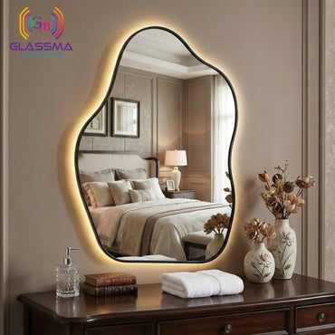 Modern Irregular LED Mirror | Backlit Black Aluminum Frame Bathroom Wall Mirror