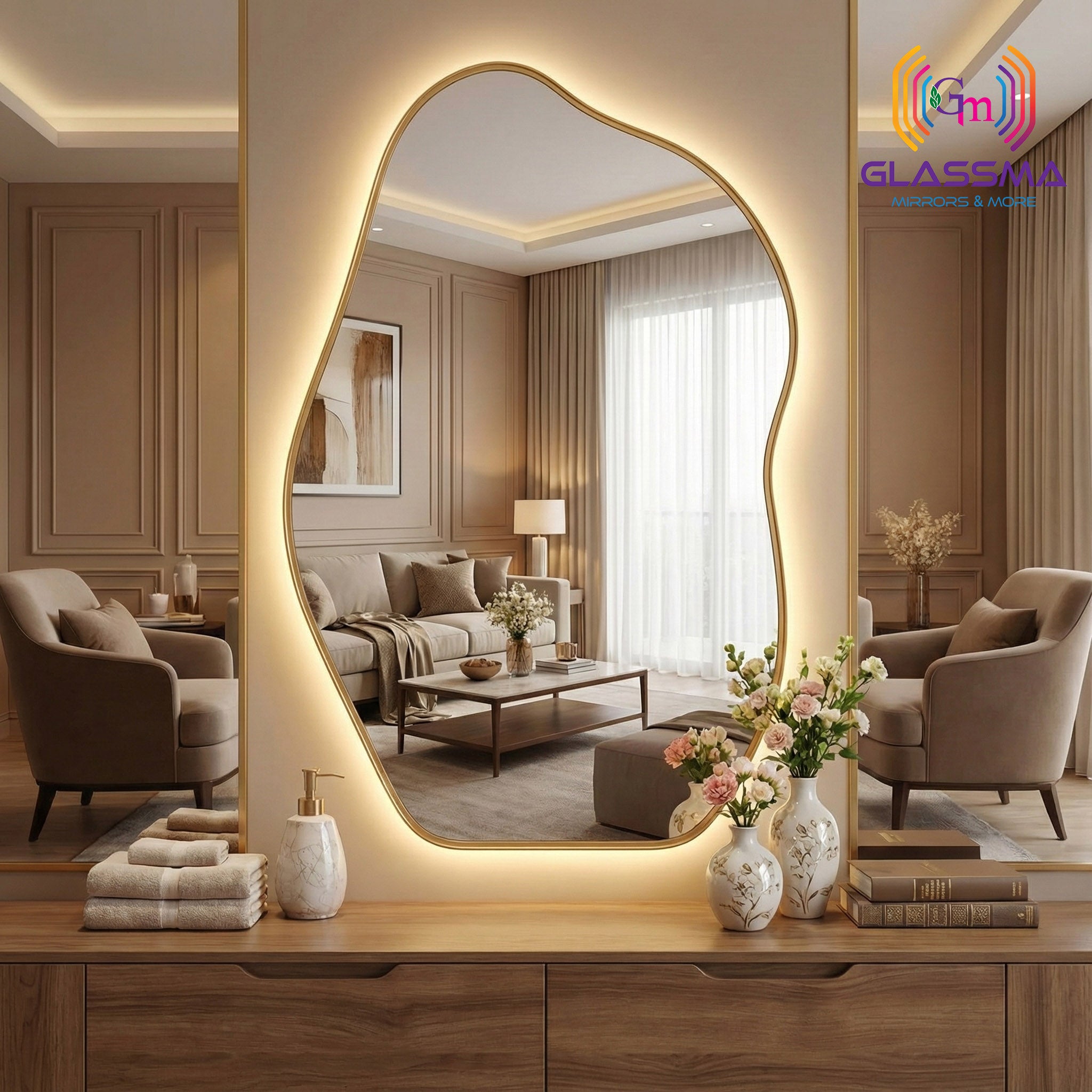 Modern Irregular LED Mirror | Backlit Golden Aluminum Frame Bathroom Wall Mirror