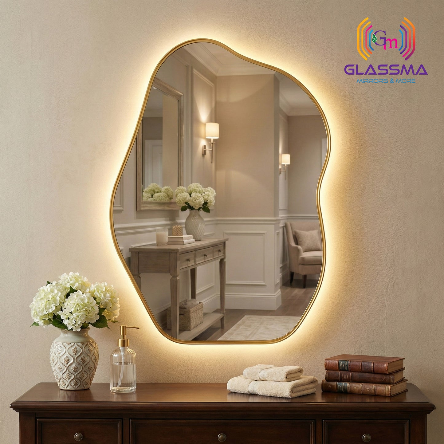 Modern Irregular LED Mirror | Backlit Golden Aluminum Frame Bathroom Wall Mirror